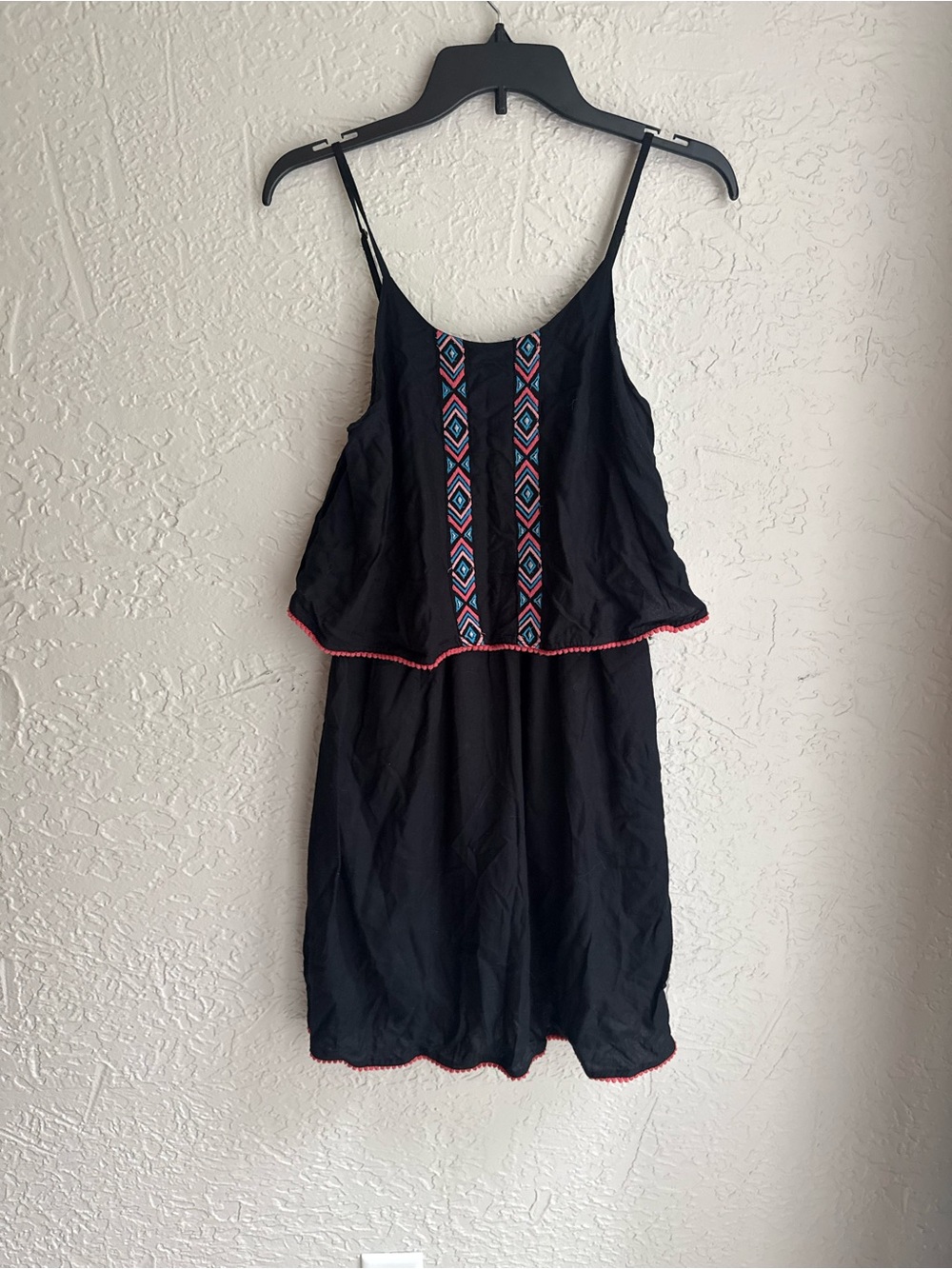 Japna Black Embroidered Spaghetti-Strap Mini Dress with Pink Trim